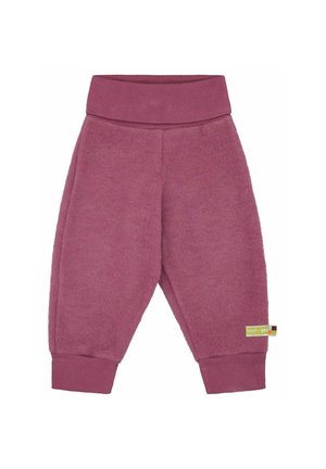 Soft, mauve-colored toddler pants with a wide waistband and cuffs, featuring a small fabric tag on the lower leg.