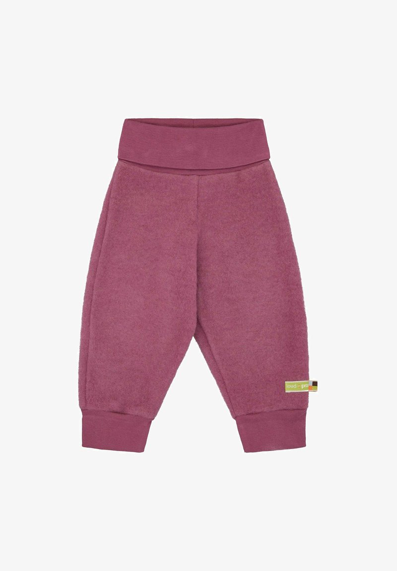 Pantaloni per bambino in un morbido colore malva, con una cintura larga e polsini, caratterizzati da un piccolo etichetta in tessuto sulla gamba.