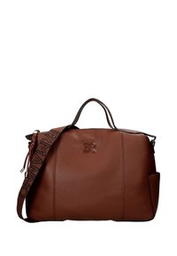 Borsa a mano in pelle marrone granulata con due manici superiori, tracolla rimovibile con motivo a logo e tasca laterale per ulteriore spazio di archiviazione.