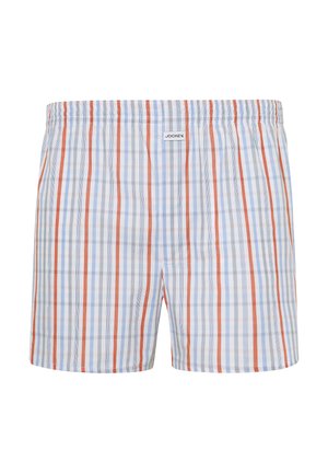 Kalsonger med resårmidja, prydda med ett ljusblått, vitt och orange rutmönster; mjukt bomullsmaterial. "Jockey"-logotypen visas.