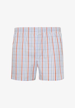 Boxershorts met een elastische tailleband, met een lichtblauw, wit en oranje geruit patroon; zachte katoenen stof. "Jockey" logo weergegeven.