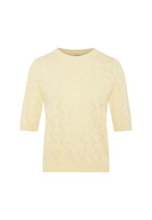 Pull léger jaune clair à manches courtes avec col rond et motif en zigzag texturé comportant le mot "LOVE" répété sur tout le tissu.