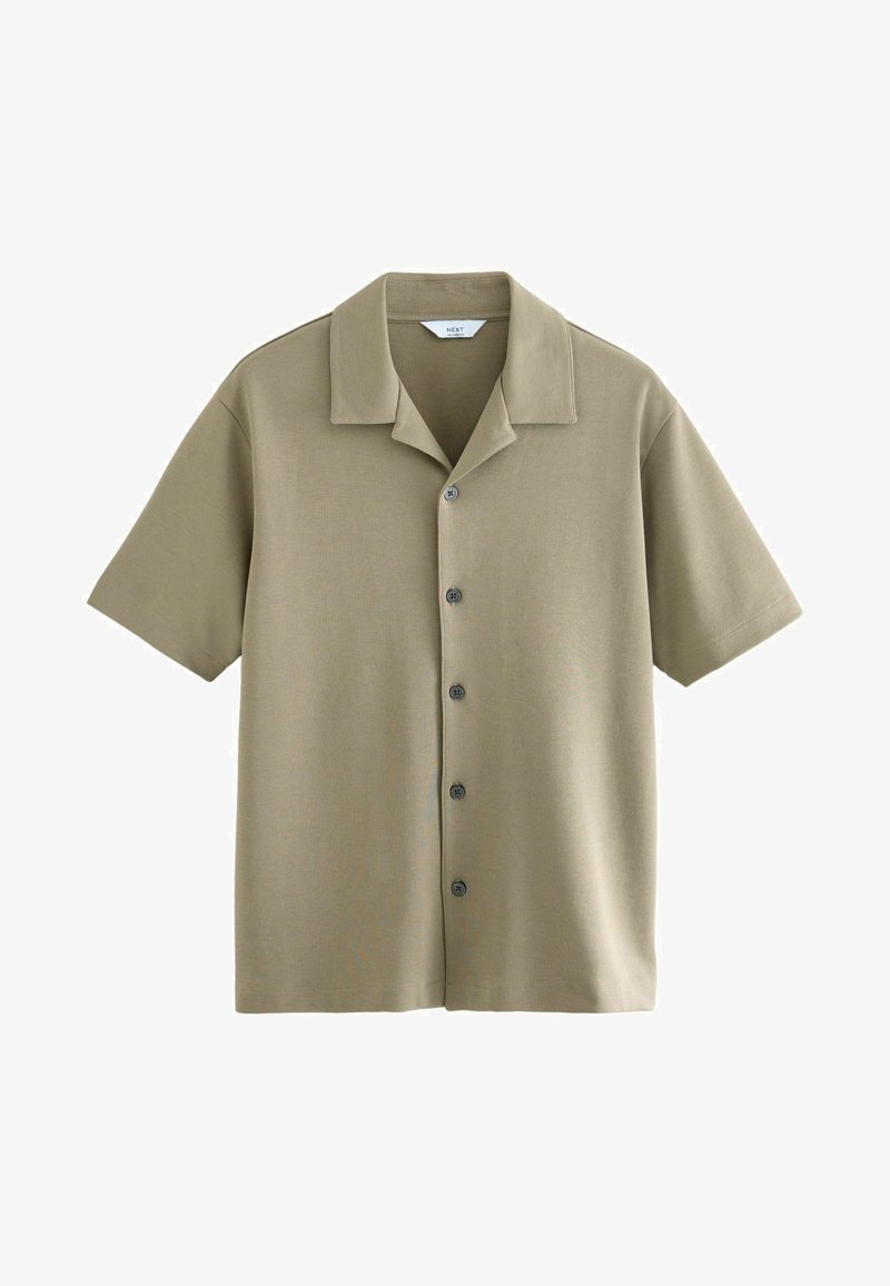 Kortærmet skjorte med krave i beige stof, med en knaplukning foran med mørke knapper, glat tekstur og en afslappet pasform.