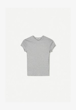 Gray short-sleeve t-shirt made of jersey fabric. Crew neckline and fitted silhouette with smooth texture and no visible patterns or accents.
