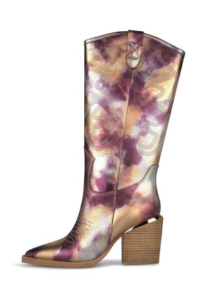 Damen-Cowboystiefel in halber Schafthöhe mit spitzer Spitze, Blockabsatz und metallic-lila, gold-silberfarbenem Batikmuster mit gestickten Details.