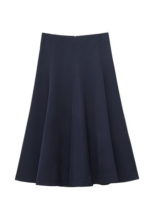 Marineblauer ausgestellter Rock aus glattem Stoff, mit hoher Taille und dezenten Falten für eine volle Silhouette. Verschlossen mit einem verdeckten Reißverschluss.