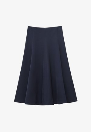 Navy blue flared skirt in smooth fabric, featuring a high waist and subtle pleats for a full silhouette. Fastened with a concealed zipper.