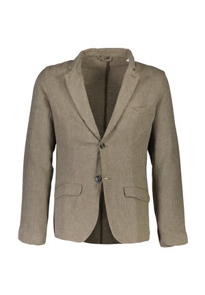 Jasnobeżowa lniana marynarka z teksturowanym wykończeniem, klapami typu notch, dwiema kieszeniami z przodu i dwoma guzikami. Otwarta z przodu, bez podszewki.