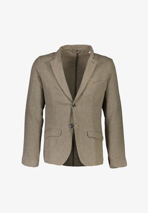 Lichtbruin linnen blazer met een gestructureerde afwerking, notch revers, twee voorzakken en twee knopen. Open aan de voorkant zonder voering.