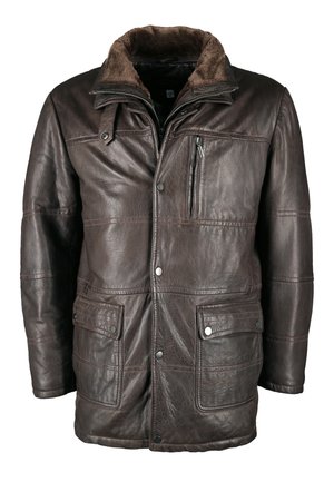 Donkerbruin leren jasje met schapenvacht kraag, voorkant met rits en drukknoopsluitingen, twee lagere klepzakken en één rits borstzak.