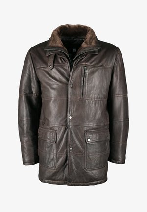 Donkerbruin leren jasje met schapenvacht kraag, voorkant met rits en drukknoopsluitingen, twee lagere klepzakken en één rits borstzak.