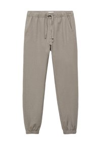 Pantalones jogger de color gris claro, confeccionados con una tela suave, que cuentan con una cintura elástica con cordón, dos bolsillos laterales y puños ajustados.