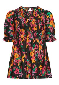 Abito corto nero con vivace motivo floreale arancione, rosa e verde, con corpetto arricciato, maniche a palloncino e polsini sfrangiati.