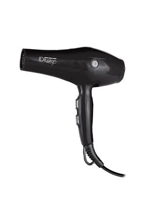 Sèche-cheveux noir portatif avec deux boutons de commande sur la poignée, cordon d'alimentation attaché, et logo "ID Italian Design" sur le corps.