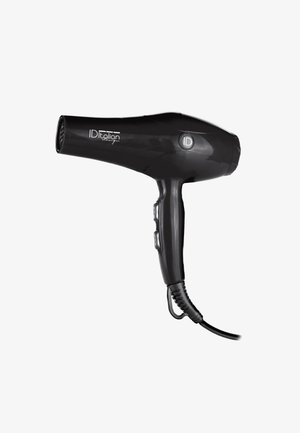 Sèche-cheveux noir portatif avec deux boutons de commande sur la poignée, cordon d'alimentation attaché, et logo "ID Italian Design" sur le corps.