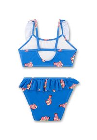 Blaues Bikini-Set mit rüschigem Unterteil und verspieltem Clownfisch-Muster. Hergestellt aus elastischem Stoff, mit Spaghetti-Trägern und einem gefütterten Oberteil.