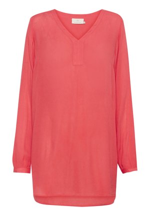 Camisa túnica de manga larga en color coral con cuello en V y pliegue cosido; hecha de un tejido ligero y transparente con un corte holgado.