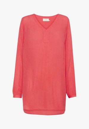 Koralfarvet langærmet tunika skjorte med V-hals og syet stolpe; lavet af letvægts, gennemsigtigt stof med en afslappet pasform.