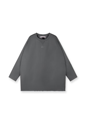 Sudadera gris de gran tamaño con mangas largas, cuello redondo y un mínimo detalle de costuras. Textura suave y una sutil etiqueta de marca en el frente.