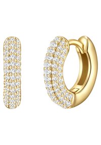Arany színű karika fülbevalók, melyek textúrázott felülettel rendelkeznek, és apró, tiszta kristályok egyenletesen elosztva díszítik a formát. Elegáns és sima felület.
