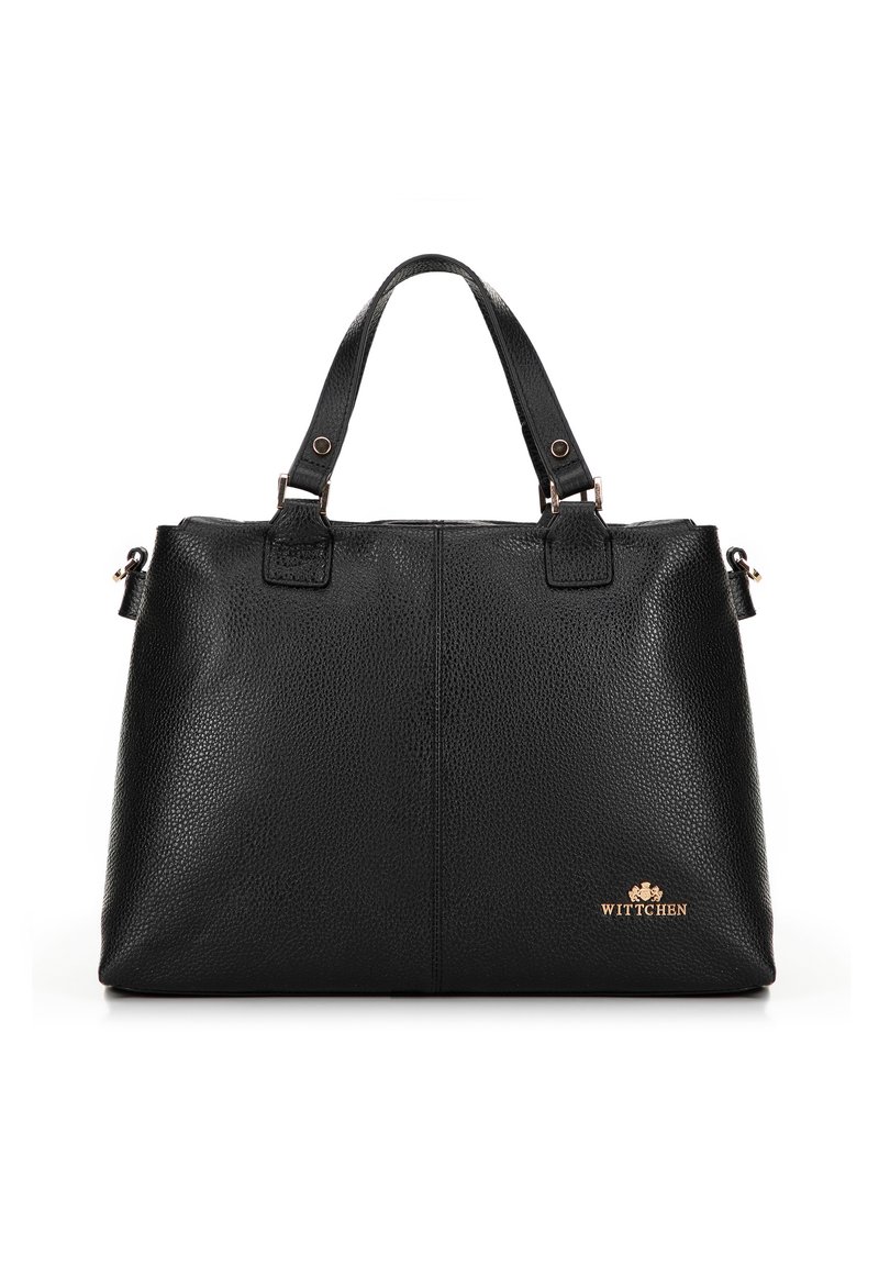 Borsa a mano in pelle nera con superficie testurizzata, manici doppi e accento con logo dorato. Presenta una forma strutturata e un design minimalista.