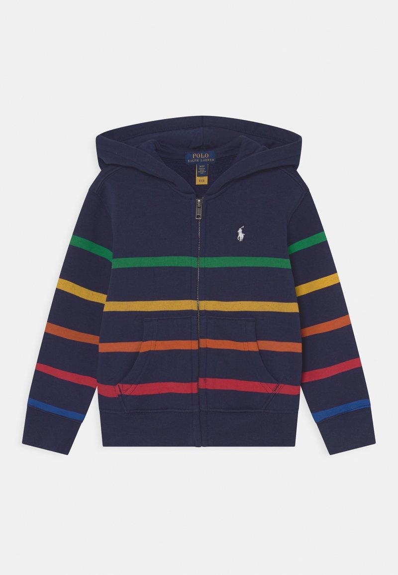 Haut de survêtement zippé navy avec des rayures horizontales vertes, jaunes, orange, rouges et bleues. Comprend une capuche et des poches avant.