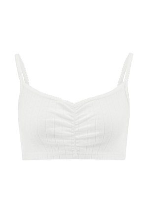 Witte cropped bralette met dunne verstelbare bandjes, getextureerde verticale strepen, delicate gegolfde randjes en geplooid detail aan de voorzijde.