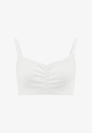 Witte cropped bralette met dunne verstelbare bandjes, getextureerde verticale strepen, delicate gegolfde randjes en geplooid detail aan de voorzijde.