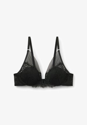 Schwarzer Spitzen-BH mit durchsichtigen Mesh-Einsätzen, dreieckigen Cups, verstellbaren Trägern und einem Mittelverschluss. Mit floralem Spitzen-Detail.