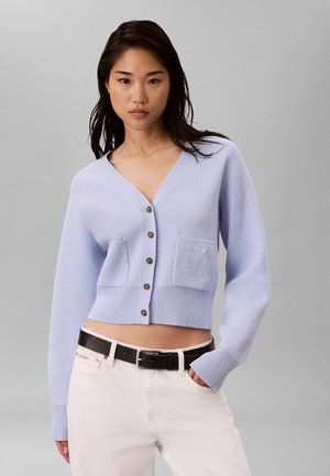 Jonge vrouw draagt een lichtblauw cropped vest met knopen en witte broek met een zwarte riem tegen een grijze achtergrond.