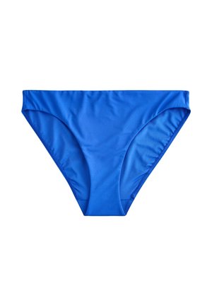 Einfacher blauer Bikinihose mit glattem Stoffdesign, flach auf weißem Hintergrund dargestellt.