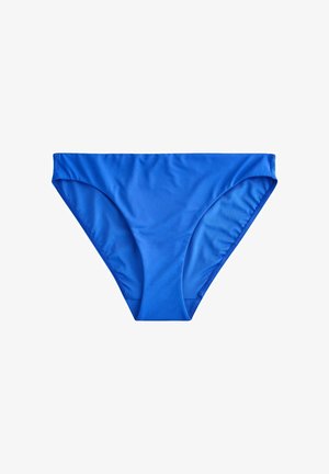 Partea de jos a unui bikini albastru simplu cu un design de țesătură netedă, afișată plat pe un fundal alb.