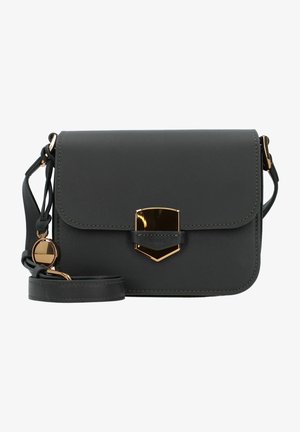 Black leather crossbody bag with a magnetic flap closure, gold-tone hardware, and an adjustable strap. Features a brand logo accent.