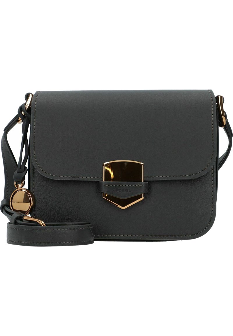 Borsa a tracolla nera in pelle con chiusura a pattina magnetica, hardware dorato e tracolla regolabile. Presenta un accento con il logo del marchio.
