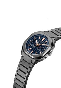 Orologio da uomo analogico con quadrante blu texturizzato, dettagli in oro rosa e cassa e bracciale in acciaio inossidabile spazzolato. Forma ottagonale.