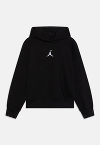 Zwarte fleece hoodie met een voorzak, grote capuchon en een wit geborduurd Jumpman-logo op de borst. Heeft ribgebreide manchetten en een ribgebreide zoom.