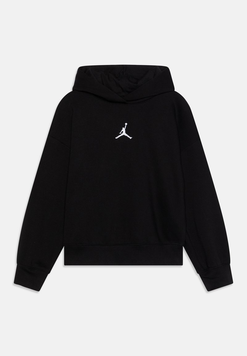 Zwarte fleece hoodie met een voorzak, grote capuchon en een wit geborduurd Jumpman-logo op de borst. Heeft ribgebreide manchetten en een ribgebreide zoom.