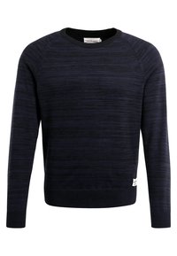 Dark blue pullover sweater with a textured pattern, round neck, and ribbed cuffs. Features a small brand tag at the hem.