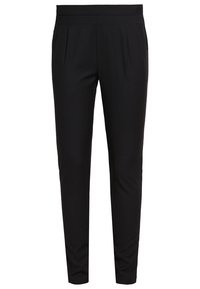 Svart skräddarsydda byxor i en mjuk tygkvalitet, med rak front, veck och en slim fit-design. Inga synliga fickor eller detaljer.