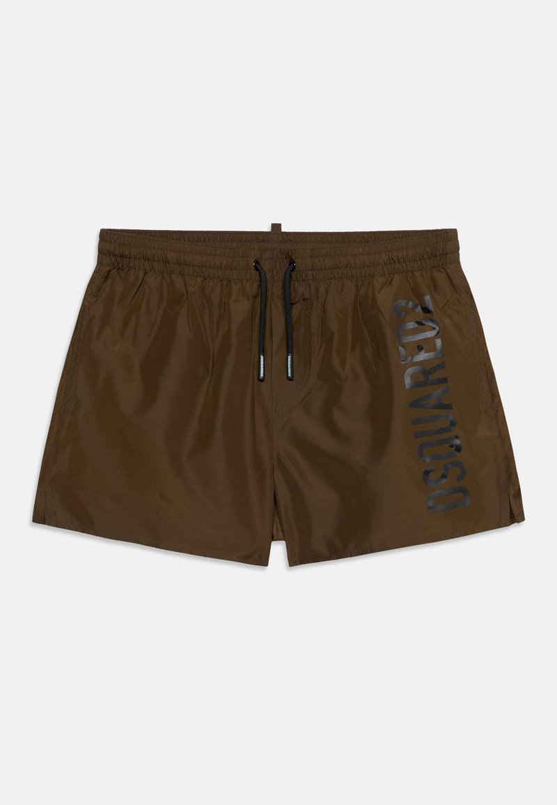 Καφέ ανδρικά μαγιό σορτς με ελαστική μέση, μαύρο κορδόνι και κάθετο λογότυπο "DSQUARED2" στο δεξί πόδι.