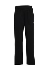 Schwarze, lässig geschnittene Sweatpants mit elastischem Bund und dezentem Logodetail an der Seite, aus einem weichen Textilmaterial gefertigt.