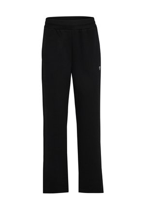 Zwarte, losse sweatpants met een elastische tailleband en subtiele logo-detail aan de zijkant, gemaakt van een zachte textielmateriaal.