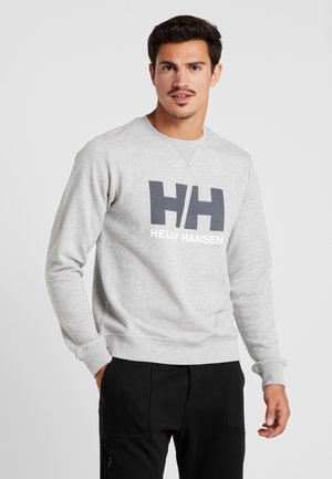 Grijze sweatshirt van zacht materiaal, met een groot donkerblauw "HH"-logo en witte tekst "HELLY HANSEN" op de voorkant.