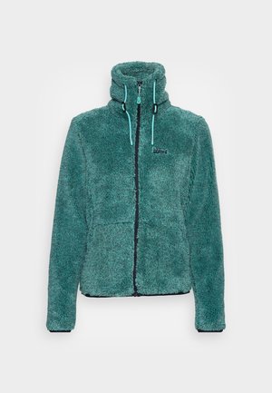 Veste polaire zippée intégralement vert sarcelle avec col haut, deux poches avant et cordons ajustables sur le col.