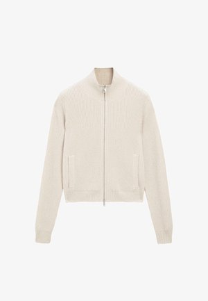 Maglione a zip rigato in maglia color beige chiaro, con colletto alto, tasche laterali e silhouette sfiancata. Dettaglio della zip argentata sul davanti.