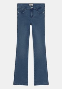Flared blue jeans made of denim, featuring a mid-rise waist, front pockets, button closure, and visible stitching along the seams.