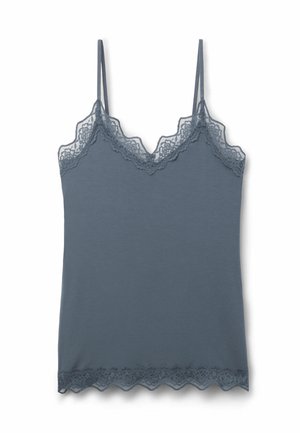 Szara koszulka na ramiączkach z regulowanymi cienkimi paskami, ozdobiona delikatną koronką wzdłuż dekoltu i dołu, w dopasowanym odcieniu szarości.