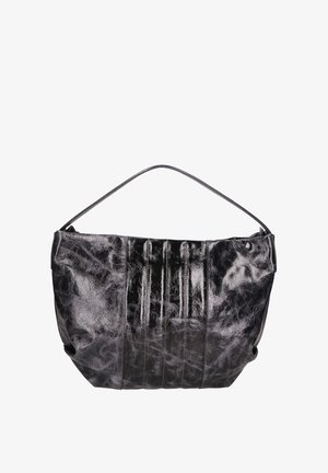 Black, glossy leather bag with a curved handle, featuring vertical pleats and a smooth, reflective surface. Zipper closure not visible.