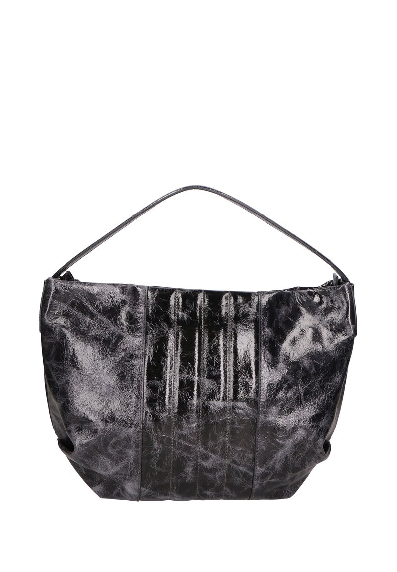 Borsa in pelle nera brillante con manico curvo, caratterizzata da pieghe verticali e una superficie liscia e riflettente. Chiusura a zip non visibile.