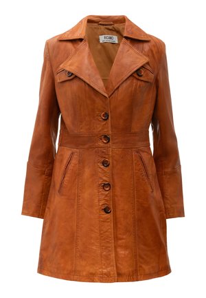 Damenmantel aus braunem Leder mit Knopfleiste, weitem Revers, zwei Vordertaschen und langen Ärmeln, mit der Aufschrift "Ricano Best Leather Design".